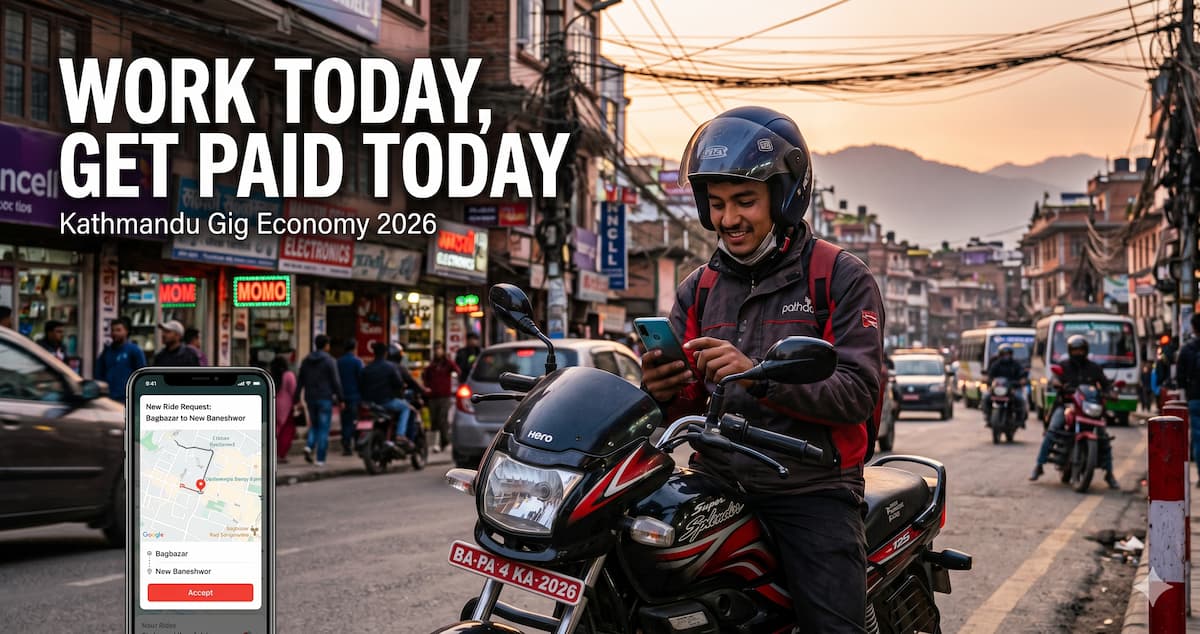 Young Pathao rider on a Hero Super Splendor 125cc in Kathmandu checking a ride request — RYD Nepal gig economy 2026