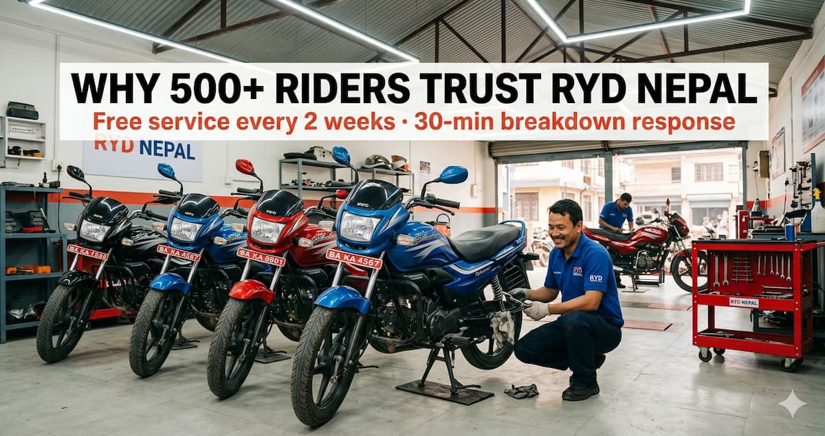 RYD Nepal workshop in Kapan, Kathmandu — Hero Super Splendor 125cc fleet under service with a uniformed mechanic